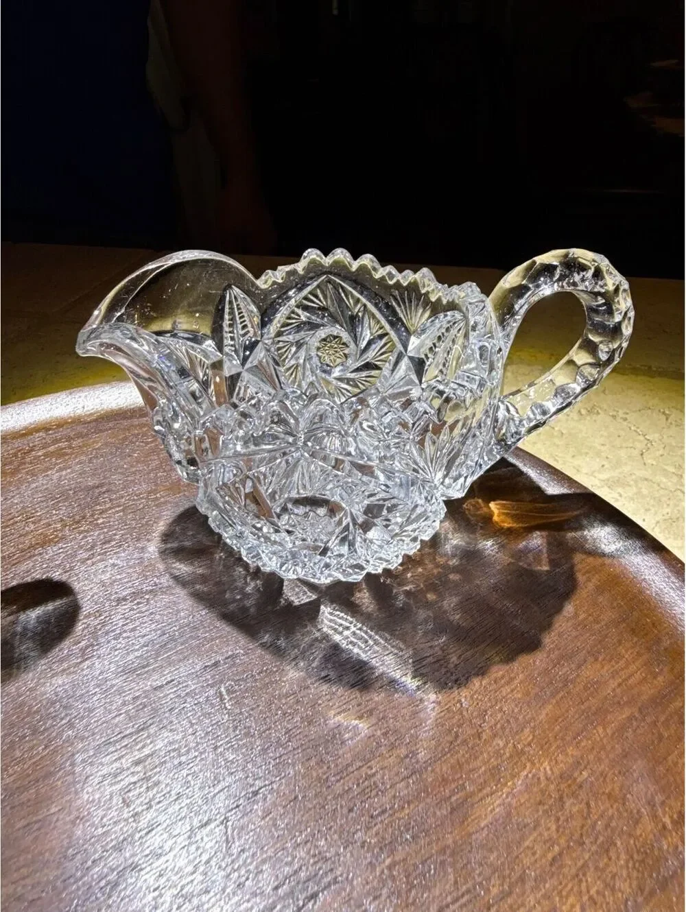 21.  Creamer and Sugar Set Vintage Cut Glass Heavy Crystal Set Sawtooth Edge